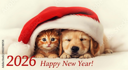 Adorable kitten and puppy wearing Santa hat with 2026 Happy New Year text animal