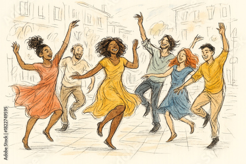 Colorful illustration of diverse people dancing joyfully in an outdoor urban plaza, celebrating community and movement.