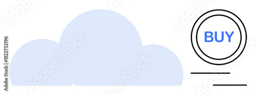Cloud shape next to a large Buy button, emphasizing digital storage acquisition. Ideal for technology, e-commerce, cloud computing, data management, app design, online services, simple flat metaphor