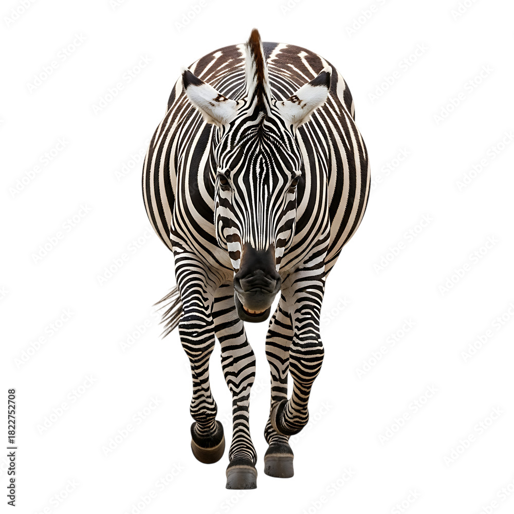Obraz premium Zebra with black and white stripes walking forward, cutout, PNG isolated on white or transparent background