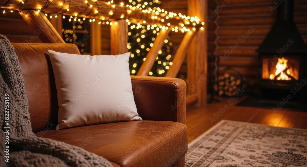 Obraz premium Cozy Christmas Living Room with Fireplace and Lights.