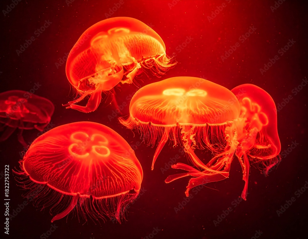 Fototapeta premium Glowing jellyfish drift in a dark, red-lit ocean, their translucent bodies illuminated