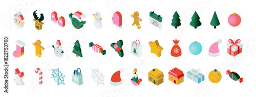 Christmas Isometry Objects Set Over White BG. Vector Illustration of Isomertic Winter Objects. Seasonal Greetings. Santa Claus. Happy New Year Icons.