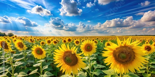 A vibrant field of sunflowers basking in the warm sunlight, a breathtaking panorama of nature's beauty under a dramatic sky