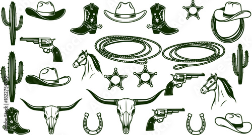 A large collection of old western design elements, embellishment, borders and divider lines.	