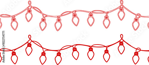Seamless border Christmas holiday lights. Repeating pattern line art coloring light bulbs garland for Christmas holiday cards, banners, footer, header, menu. Vector illustration black on white.	