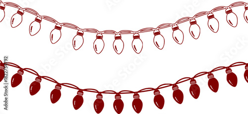 Seamless border Christmas holiday lights. Repeating pattern line art coloring light bulbs garland for Christmas holiday cards, banners, footer, header, menu. Vector illustration black on white.	