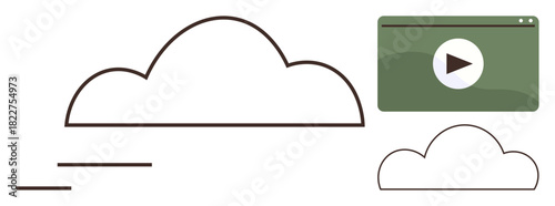 Large cloud and smaller cloud outline next to video interface window with play button. Ideal for technology, storage, media, internet, video, cloud computing, modern digital services, simple flat