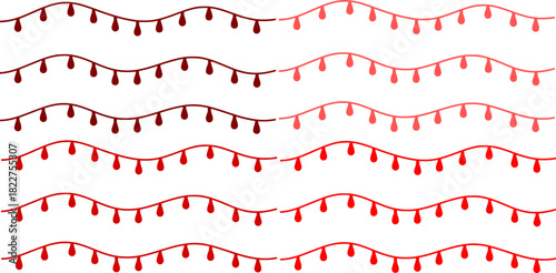Seamless border Christmas holiday lights. Repeating pattern line art coloring light bulbs garland for Christmas holiday cards, banners, footer, header, menu. Vector illustration black on white.	