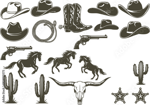 A large collection of old western design elements, embellishment, borders and divider lines.	