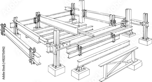 Construction elements and steel beams depicted in an architectural illustration with black outline
