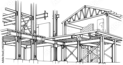 Construction elements and steel beams depicted in an architectural illustration with black outline
