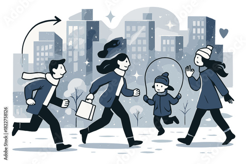 Frosty Urban Wonderland. Winter frost cityscape. Tall buildings sparkling with frost, streets lightly dusted