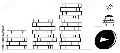 Stacked coins in increasing height, a sprouting plant symbolizing investment growth, and a play button for action. Ideal for saving, investment, finance, growth, strategy planning startup. Simple