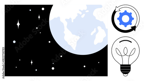 Earth surrounded by stars on the left, gear with circular arrows above a glowing bulb on the right. Ideal for innovation, sustainability, global ideas, technology, science, teamwork or strategy. A