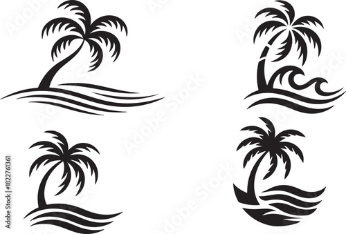 Palm trees silhouette set with waves for summer beach vacation decoration