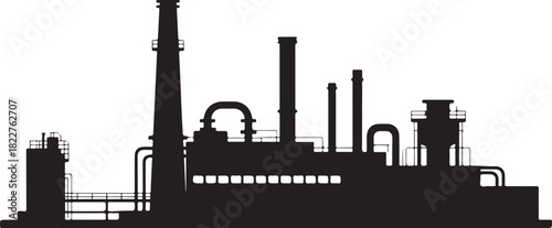 Silhouette of industrial factory with chimneys, pipes, and various structures