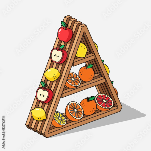 Wooden triangular A frame shelf displaying fresh apples and citrus fruits.
