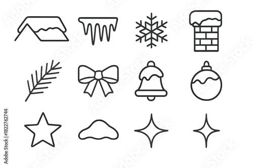 Frozen Rooftops Icons. Frozen Rooftops. Line outline icon set of Frozen Rooftops: roofline, icicles, snow cap,