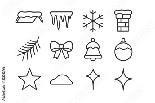 Frozen Rooftops Icons. Frozen Rooftops. Line outline icon set of Frozen Rooftops: roofline, icicles, snow cap,