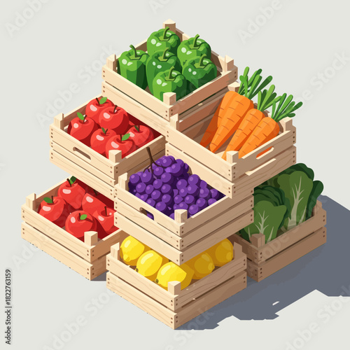 Fresh organic vegetables and fruits stacked in wooden boxes.