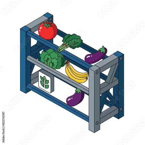 Wooden produce rack displaying fresh vegetables and fruits for sale in a market.