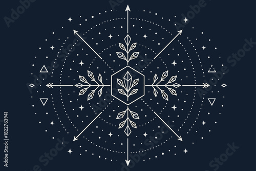 Geometric Symmetry Design. six-point axes, hexagon frames, triangular wedges, crystal branches, dotted rings,