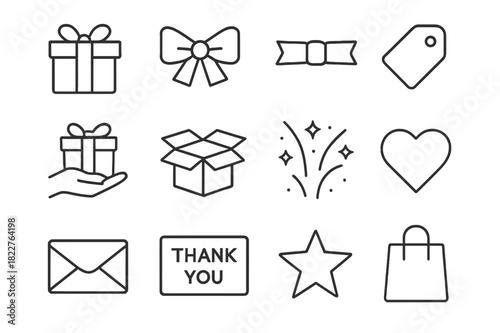 Gift Giving Icons. Gift Giving. Line outline icon set of Gift Giving: gift box, bow, ribbon, tag, hand giving