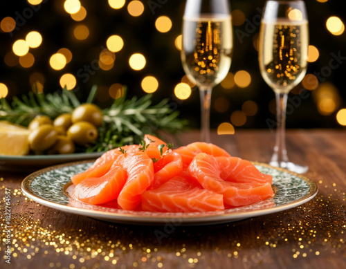 champagne, salmon and olives