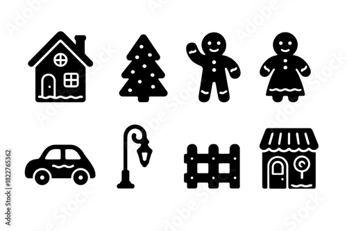 Gingerbread Village Icons. Gingerbread village. Filled icon set of gingerbread village: gingerbread house,