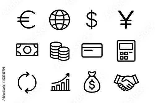 Global Finance Icons. Global finance toolkit. Line outline icon set of global finance toolkit: currency