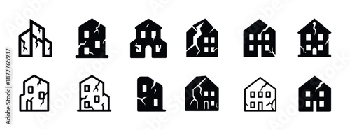 Collection of twelve earthquake-damaged building icons