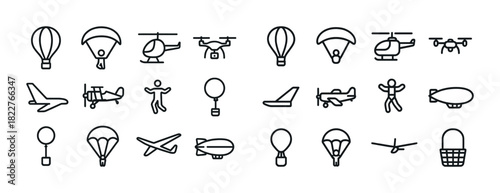 Vector icons of air transport: planes, helicopters, balloons, drones, parachutes, zeppelins, hang gliders