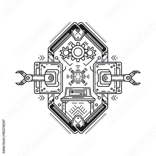 Intricate mechanical assembly with robotic arms and gears line art.