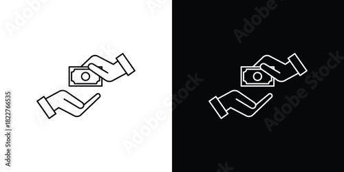 Hand money exchange icon outline set in black and white. thin line style.
