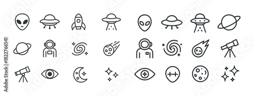 Minimalist space and ufo icons featuring alien, astronaut, telescope, stars, and planets