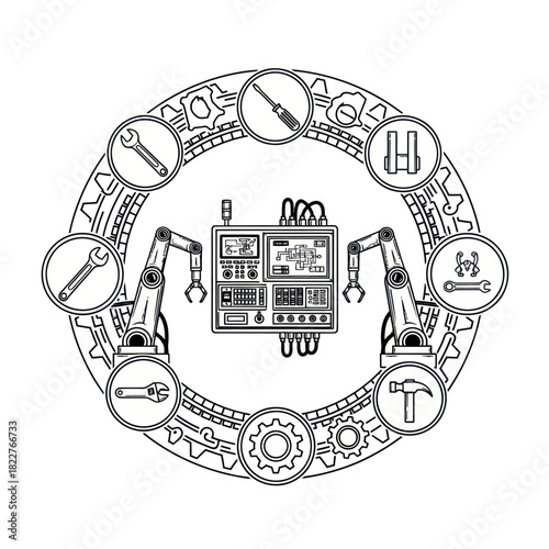 Industrial Automation System with Robotic Arms and Tools.