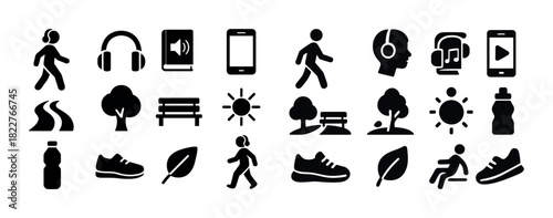 Outdoor activity icons: walking, listening, nature, fitness, relaxation