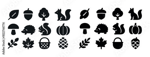 Autumn icons set: leaves, acorns, trees, squirrels, mushrooms, pumpkins
