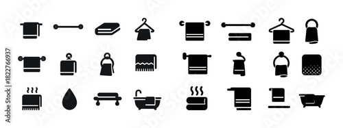 Collection of towel icons and bathroom symbols in black and white silhouette