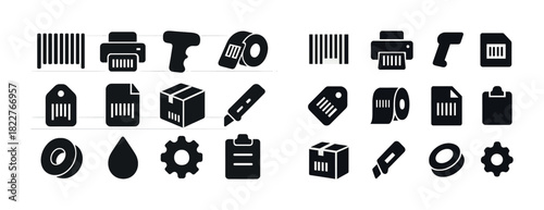 Icon set: barcode scanner, packaging tape, printer, utility knife, gear