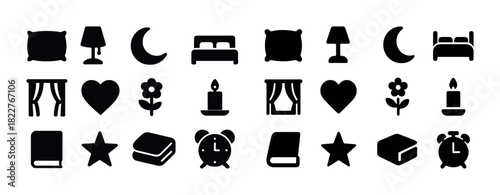 Silhouette icons of pillows, lamps, crescent moons, beds, curtains, hearts, flowers, candles, books, stars, alarm clocks