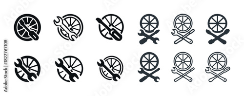 Bicycle repair icons set: wheels and tools in black and white designs