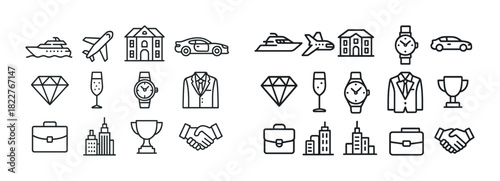 Icons of luxury travel and lifestyle: yacht, airplane, mansion, sports car, diamond