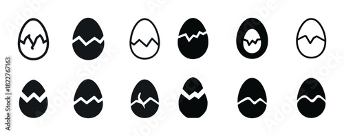 Black and white cracked egg icons set in various designs