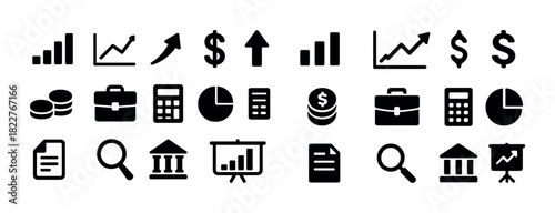Set of 24 black financial and business icons including graphs, arrows, coins, and charts