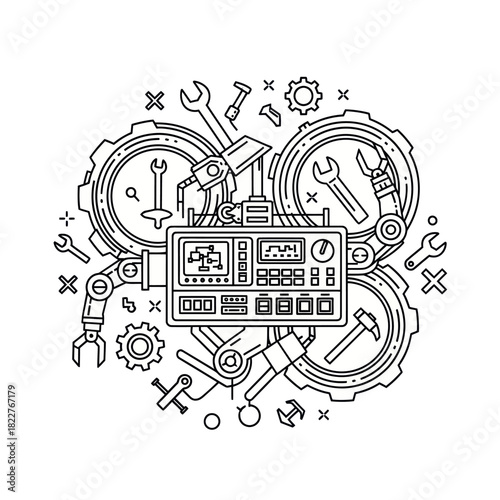 Complex Industrial Automation System with Robotic Arms Illustration.