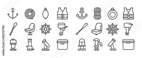 Nautical icons set: anchors, life vests, ropes, motors, oars, helm wheels