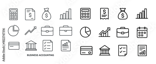 Business accounting icons: calculator, graph, briefcase, bank, credit card, calendar