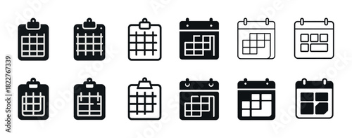 Set of 12 calendar and checklist icons: black and white minimalist design
